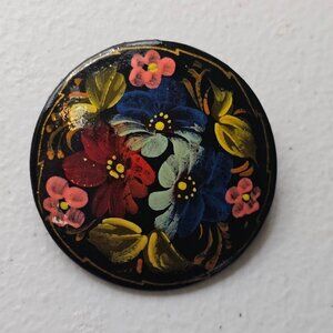 VTG Russian Oval Brooch Pin Hand Painted Flowers Black Lacquer Artist Signed